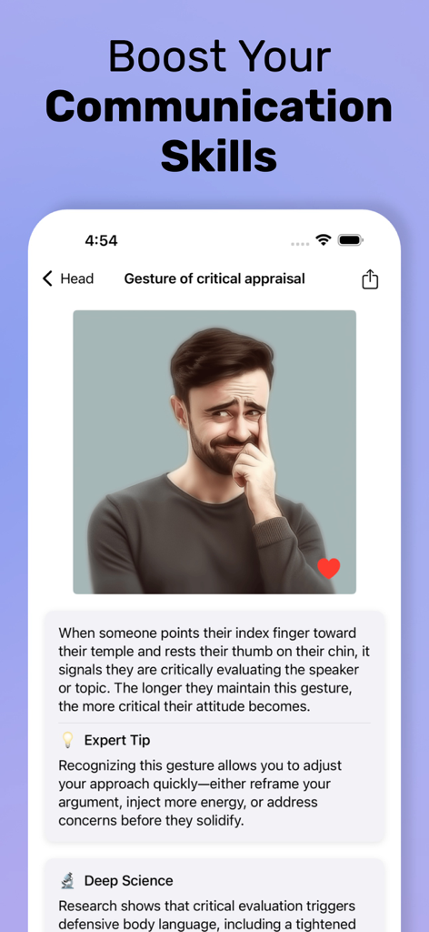 Un hombre demostrando un gesto de evaluación crítica en la aplicación Psicología Lenguaje Corporal con una explicación escrita de su significado.