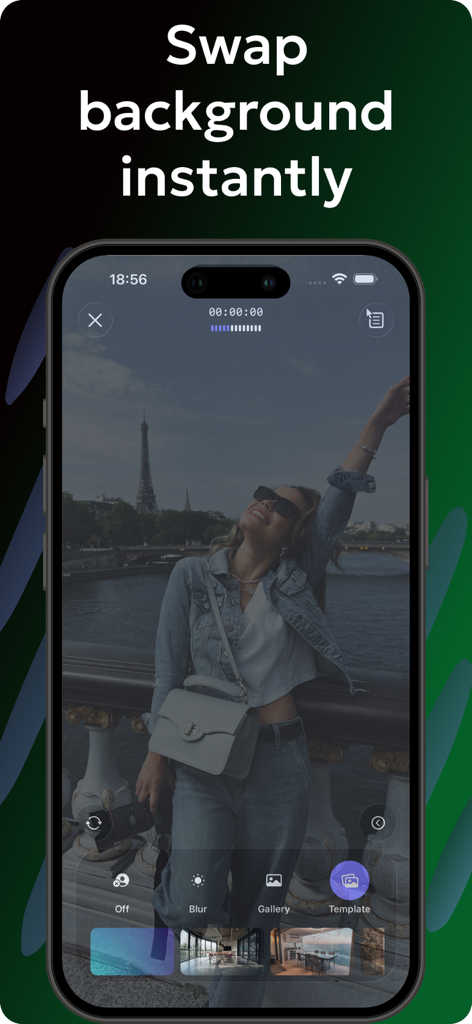 Teleprompter Automatic - Interface de l'application Téléscripteur Automatique montrant la fonctionnalité de changement d'arrière-plan virtuel instantané pour l'enregistrement vidéo