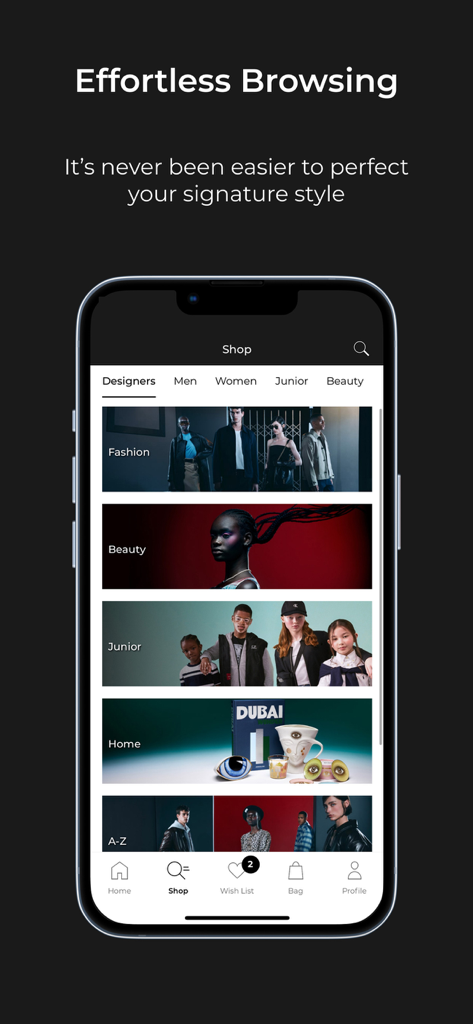 Flannels - Interface mobile de l'application Flannels affichant des catégories de shopping de luxe pour la mode et la beauté.