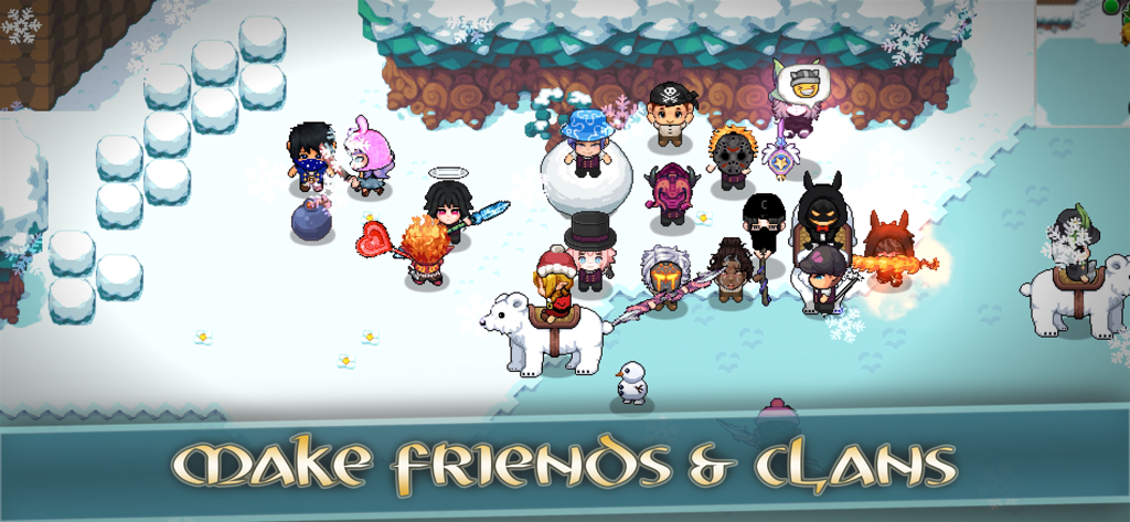 Avalonia Online RPG - Pixel art characters gathering in a snowy landscape in Avalonia Online RPG with the text Make Friends and Clans