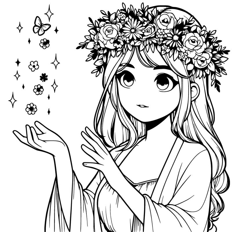 realistic girl with flower crown doing magic