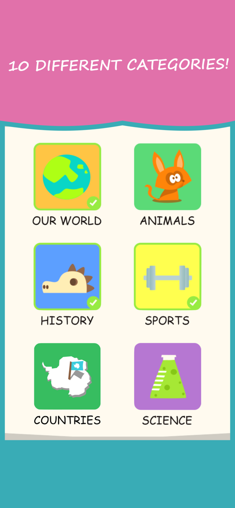 True or False? Trivia Quiz - Una pantalla que muestra varias categorías de trivia, incluyendo Nuestro Mundo, Animales, Historia, Deportes, Países y Ciencia