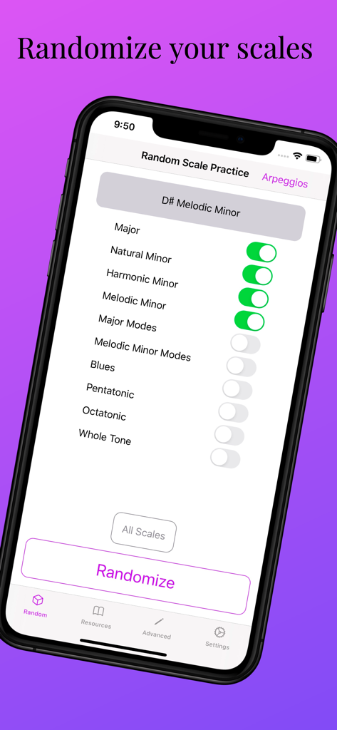 Smartphone screen displaying the Scale Practice Randomizer app interface with various musical scale options and a randomize button
