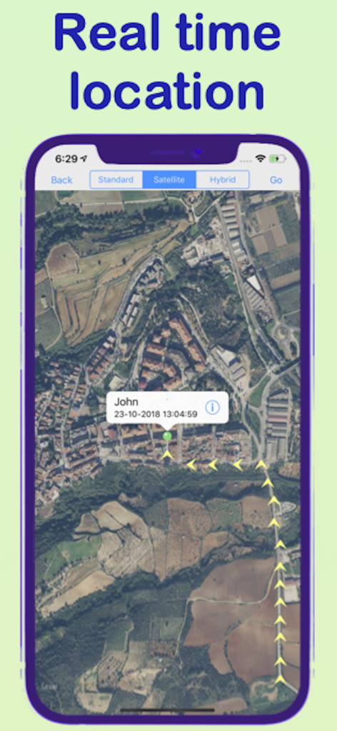 Satellite map view showing real time location tracking of a contact named John