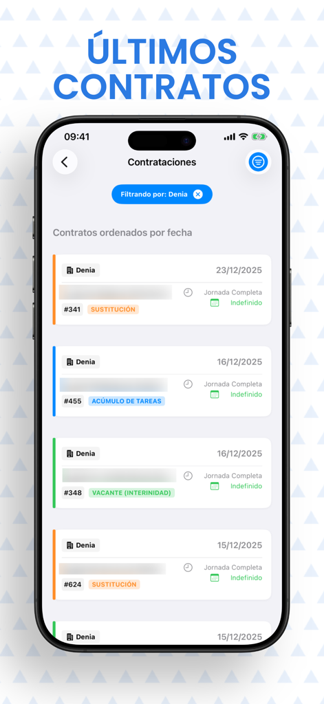 Interfaz de la aplicación Bolsa Sanidad GVA 2.0 mostrando una lista de contratos sanitarios recientes en la región de Denia con tipos de contrato y fechas.