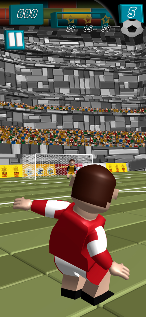 Penalty World Toy – Shoot Goal - Toy style soccer player taking a penalty kick in a stadium