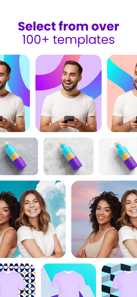 AI Background Editor - Ereasy - A showcase of various AI-generated background templates for portraits and product photos in the Ereasy app.