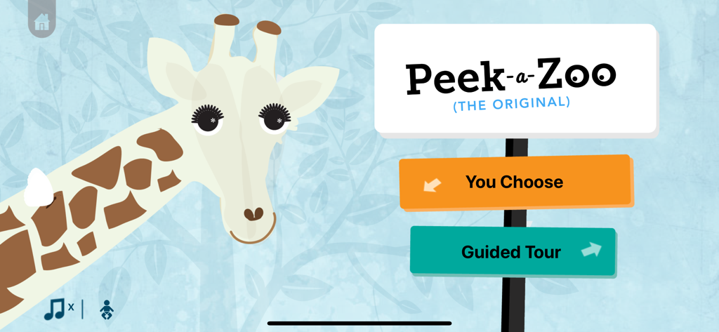 Menú del juego original Peek-a-Zoo con una amigable ilustración de jirafa dibujada a mano y botones de navegación.