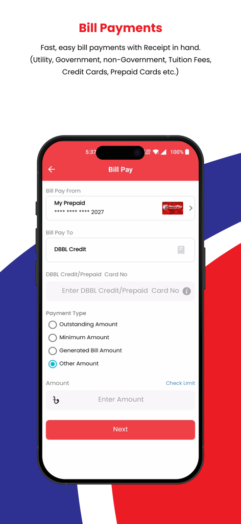 Interfaz de la aplicación móvil NexusPay para pagar facturas de servicios públicos y tarjetas de crédito