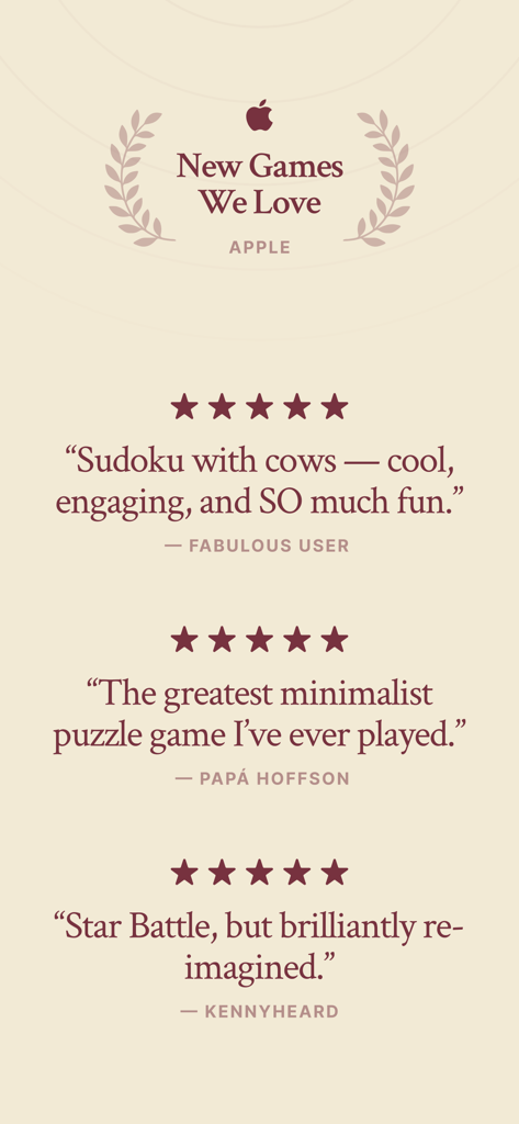 Bullpen: Logic Puzzle Game - Apple New Games We Love recognition and user testimonials for Bullpen Logic Puzzle Game