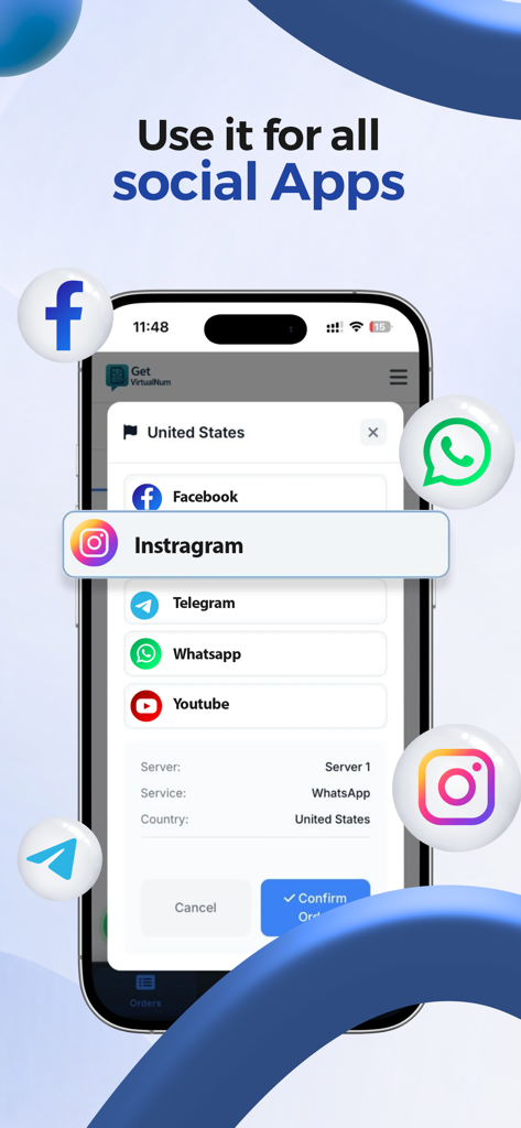 Facebook 및 Instagram을 포함한 SMS 인증용 소셜 미디어 플랫폼을 보여주는 가상 번호 받기 앱 인터페이스