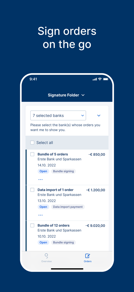 George Business mobile app interface showing the signature folder with pending payment orders to sign on the go.