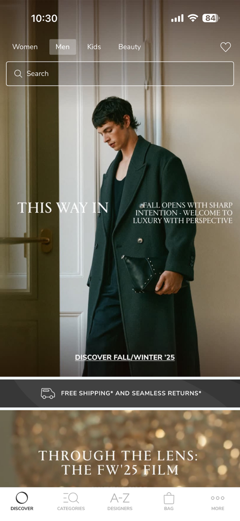 Ounass Luxus-Shopping-App Herrenbereich zeigt die Herbst/Winter 2025 Modekollektion