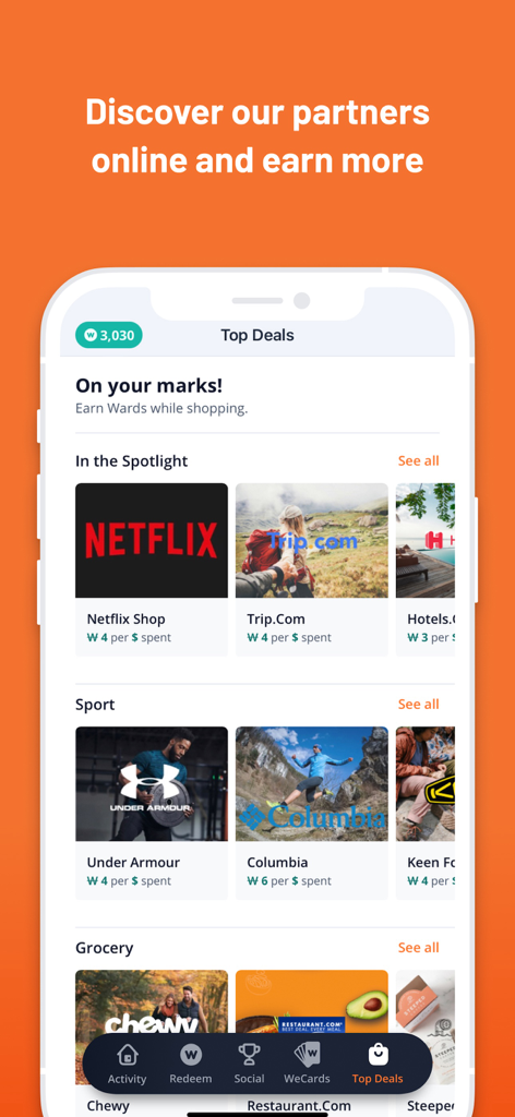 WeWard - Walking Rewards App - Interfaz de la aplicación WeWard que muestra la pantalla de Ofertas Principales con socios de marca como Netflix y Under Armour para ganar recompensas mientras compras.