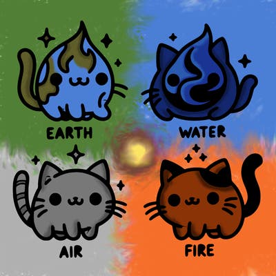 4 cats that represent the different elements, earth, water, air, and fire