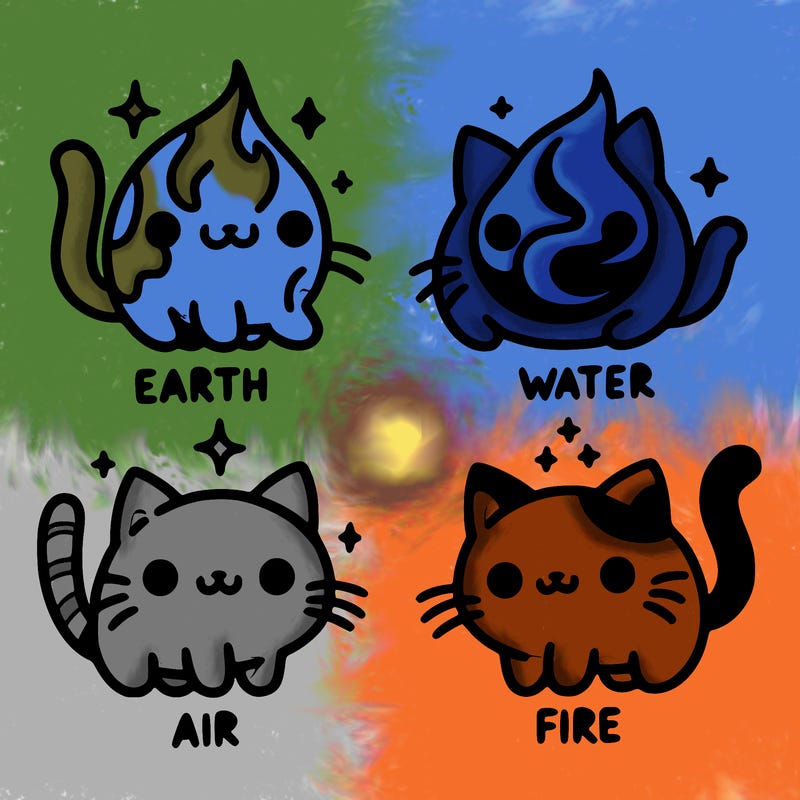 4 cats that represent the different elements, earth, water, air, and fire