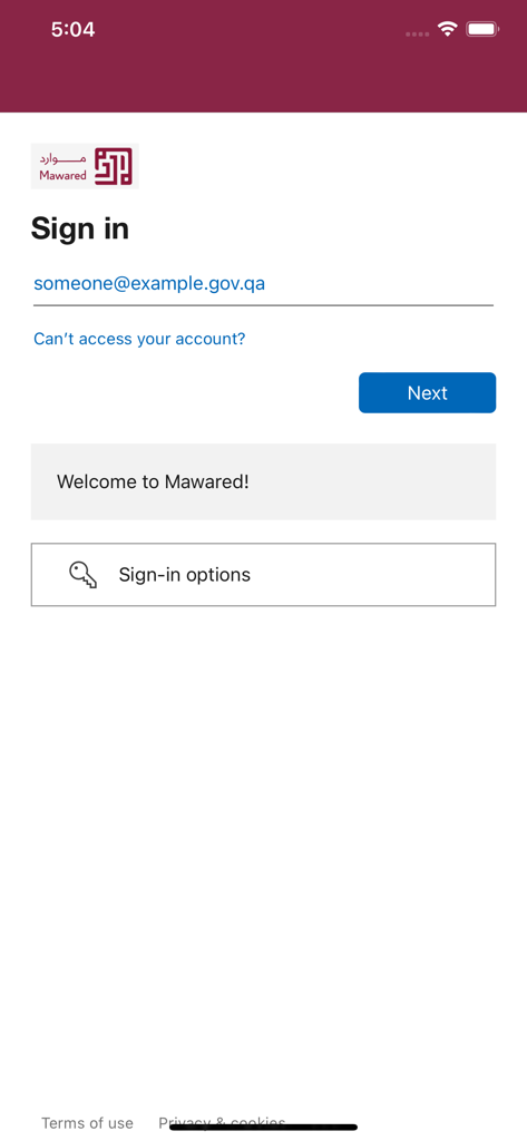 Página de inicio de sesión de la aplicación de autoservicio para empleados Mawared Qatar
