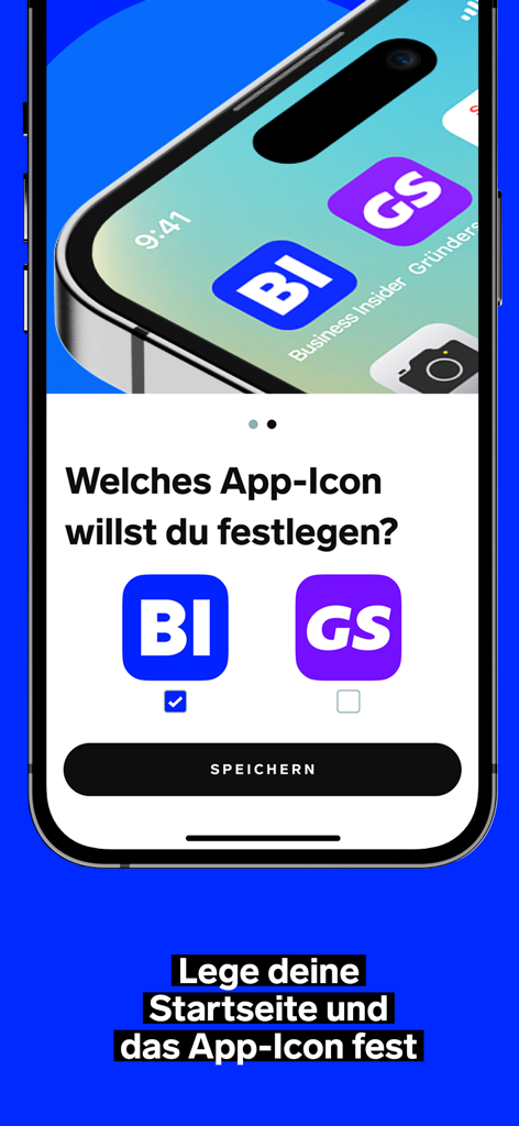 Business Insider Deutschland - Ein Smartphone-Bildschirm, der ein Menü zur Auswahl zwischen zwei verschiedenen App-Symbolen für Business Insider und Gründerszene zeigt
