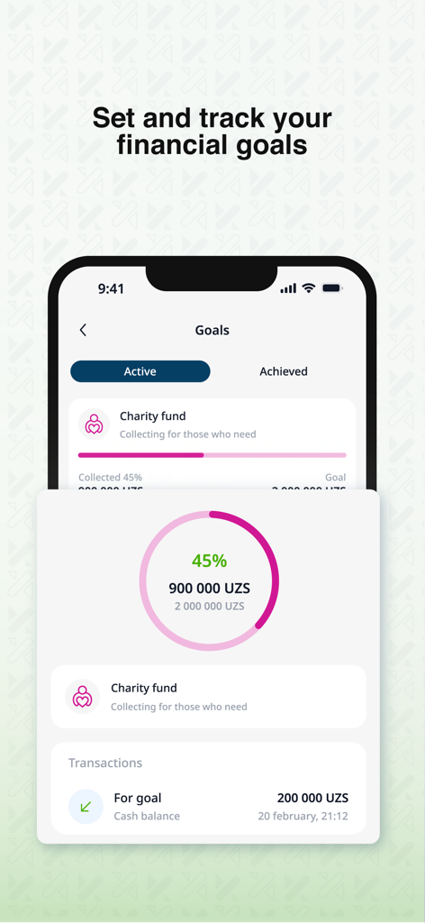 Karmon AI app interface showing progress tracking for a charity fund goal in Uzbek Som