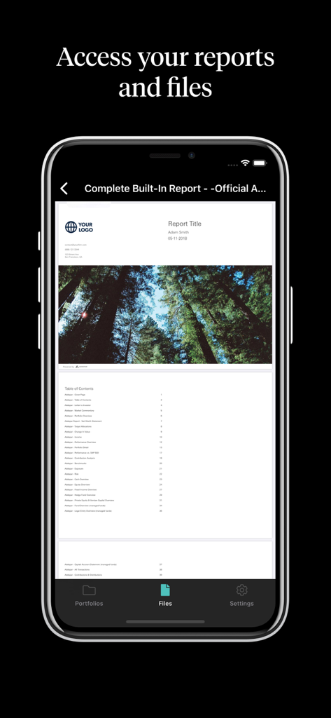 Addepar - Interfaz de la aplicación móvil Addepar que muestra un informe financiero completo con un índice para la gestión de patrimonio.