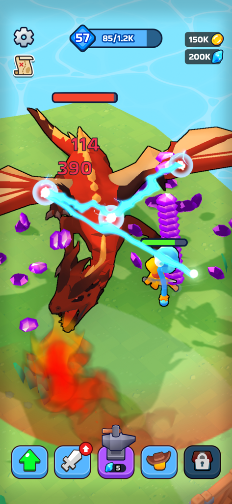 XP Hero - Un héros bonhomme bâton bleu combattant un dragon rouge géant crachant du feu dans un niveau de XP Hero