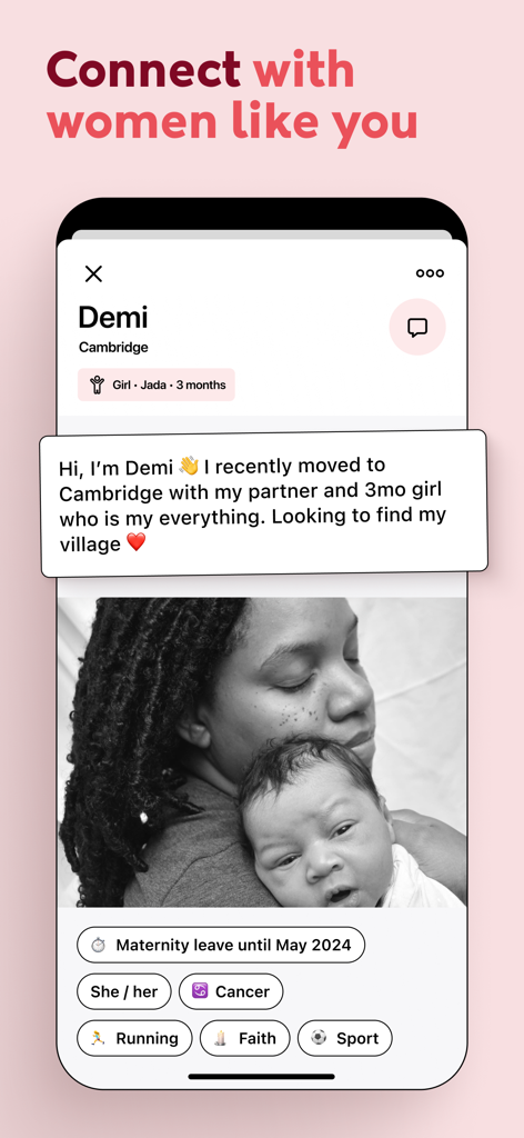 Peanut App: Find Mom Friends - A profile of a mother on the Peanut app displaying her interests bio and baby details to connect with other women