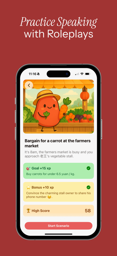 Read Bean - Read Bean app screen showing an AI-powered Mandarin speaking roleplay scenario for bargaining at a farmers market