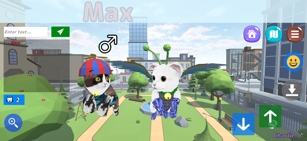 Cat Simulator Online - Two customized cats wearing funny hats and wings in a city park within Cat Simulator Online