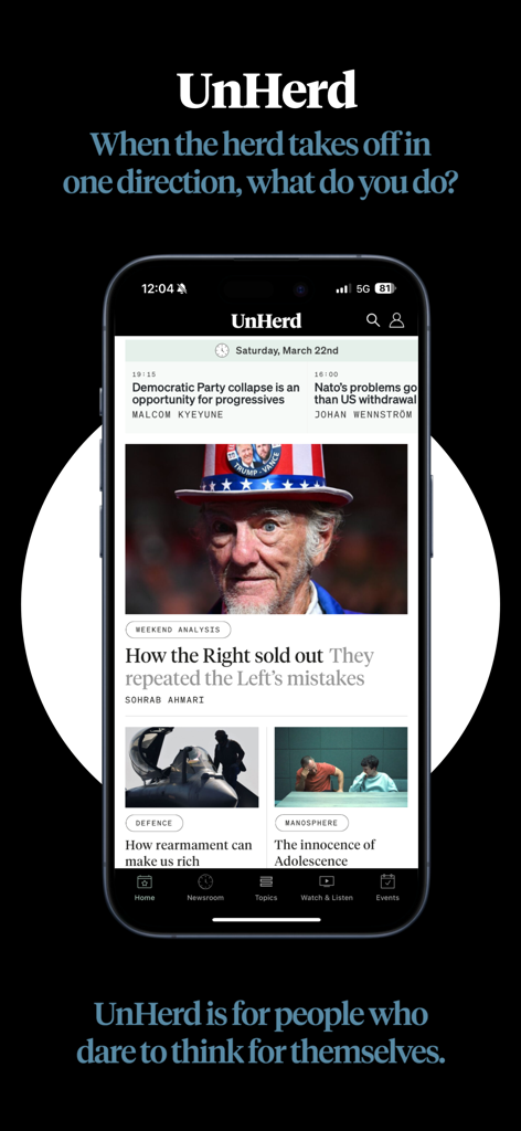 UnHerd - UnHerd mobile app home screen featuring independent news and cultural analysis articles.