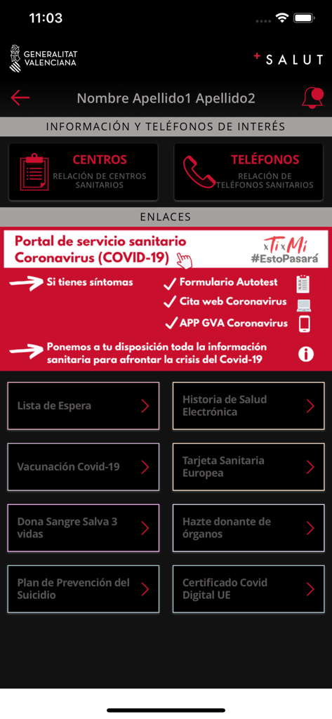 Interface of the GVA +Salut mobile app showing various health services and COVID-19 information.