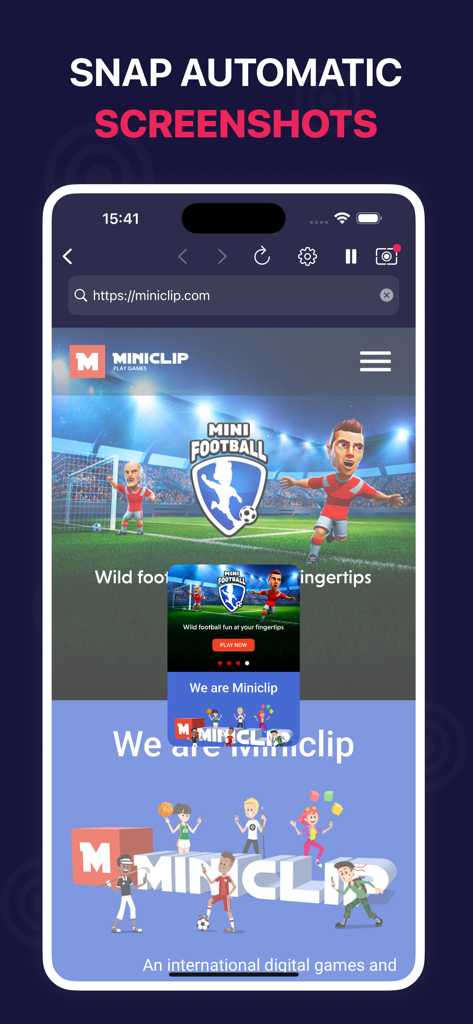 AutoClicker - Automatic Tapper - Interface of AutoClicker app showing the automatic screenshots feature while browsing a gaming website