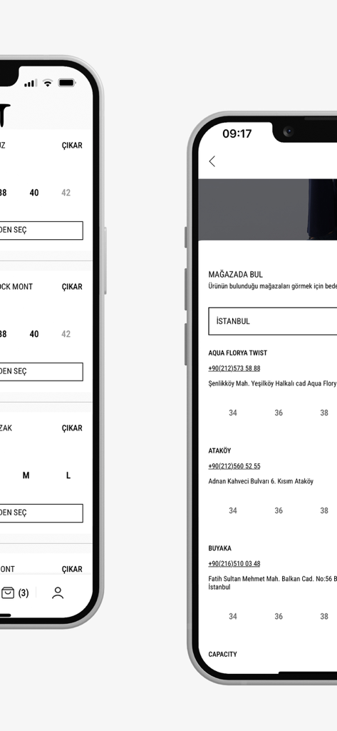 Twist mobile app interface showing the shopping cart and store locator feature with size selection