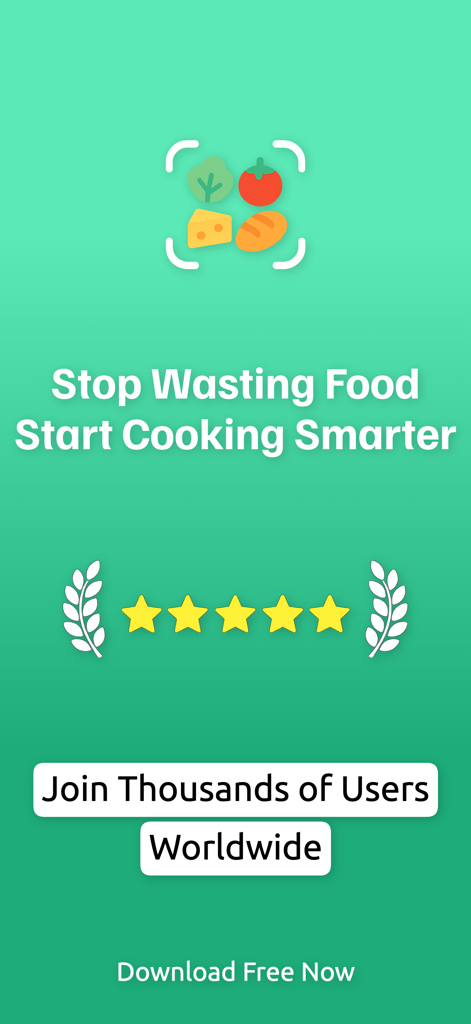 Pantry Pic: Photo to Recipe - Pantry Pic app promotional screen showing slogans to stop wasting food and cook smarter with a five star rating