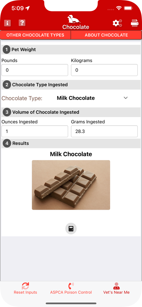 Interfaz de la aplicación móvil Chocolate Toxicity Calculator mostrando campos de entrada para el peso de la mascota y el volumen de chocolate con leche.