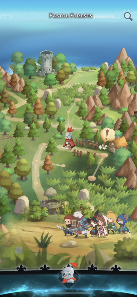 Esplorazione della mappa del mondo di Hero Emblems II nelle Foreste di Pastol che mostra personaggi chibi e un ambiente fantasy