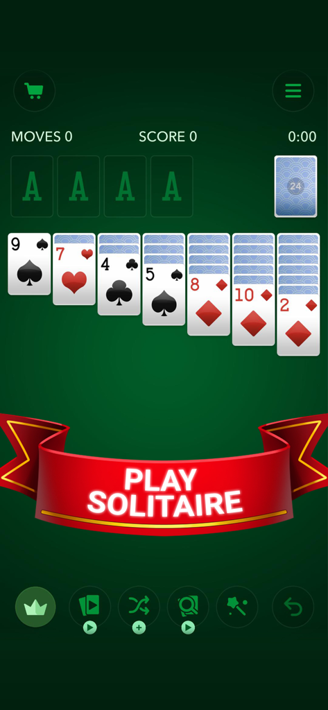 Solitaire Guru: Card Game - Captura de pantalla de la interfaz del juego Solitario Maestro mostrando una disposición clásica de solitario Klondike con fondo verde y un banner de 'Jugar Solitario'