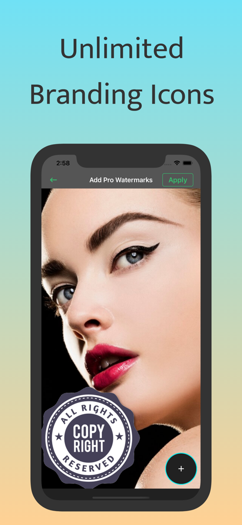 Mobile app interface showing a copyright branding icon being applied to a portrait photo of a woman.