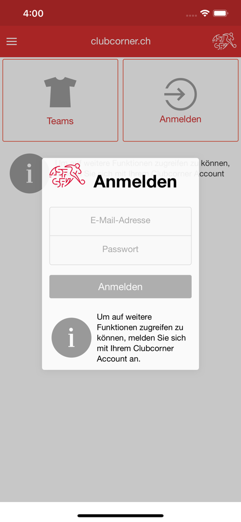 Login screen for the clubcorner.ch mobile app of the Swiss Football Association