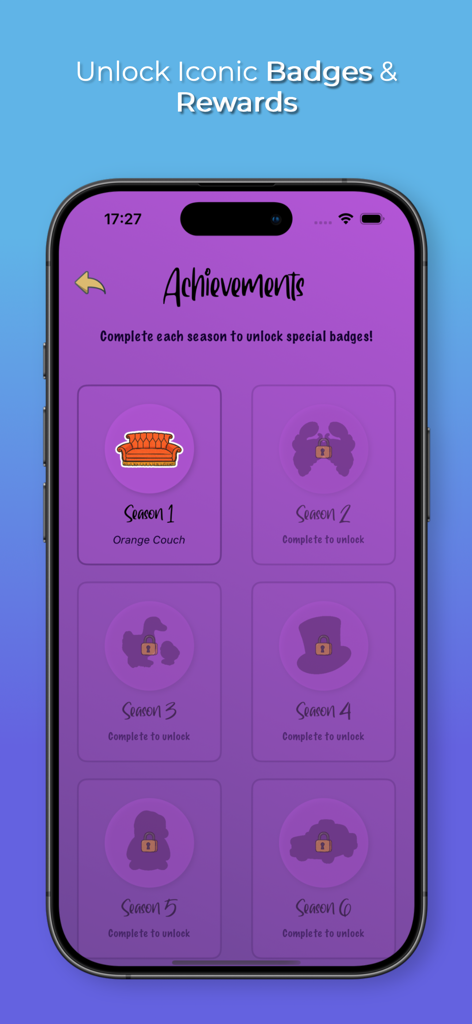 Achievements screen in the Pivot Friends Trivia app showing seasonal unlockable badges including the iconic orange couch