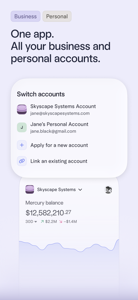 Mercury | Bank Differently - Interfaz de la aplicación móvil Mercury que muestra un menú para cambiar entre cuentas empresariales y personales