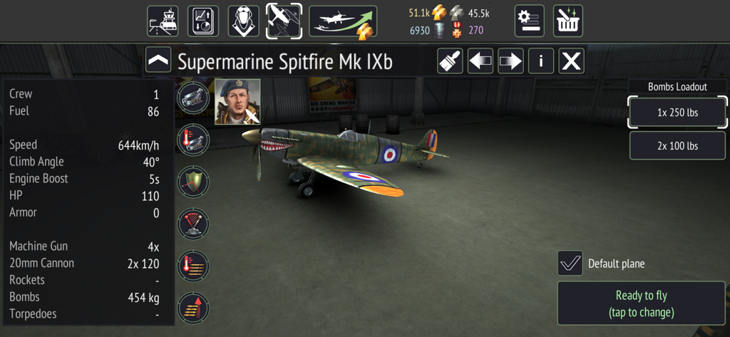 A Supermarine Spitfire Mk IXb customization screen showing detailed aircraft statistics and weapon loadout options in the hangar.