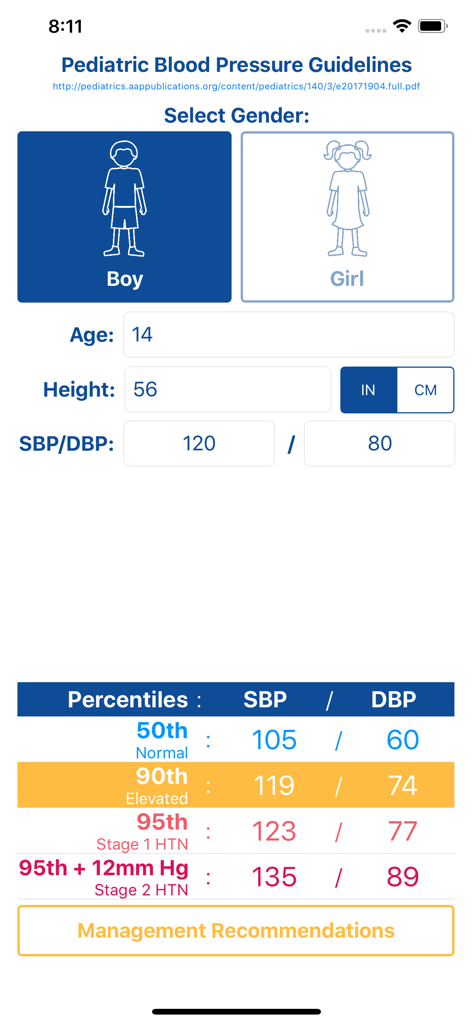 Pediatric Blood Pressure app interface displaying blood pressure percentile calculations based on age and height.