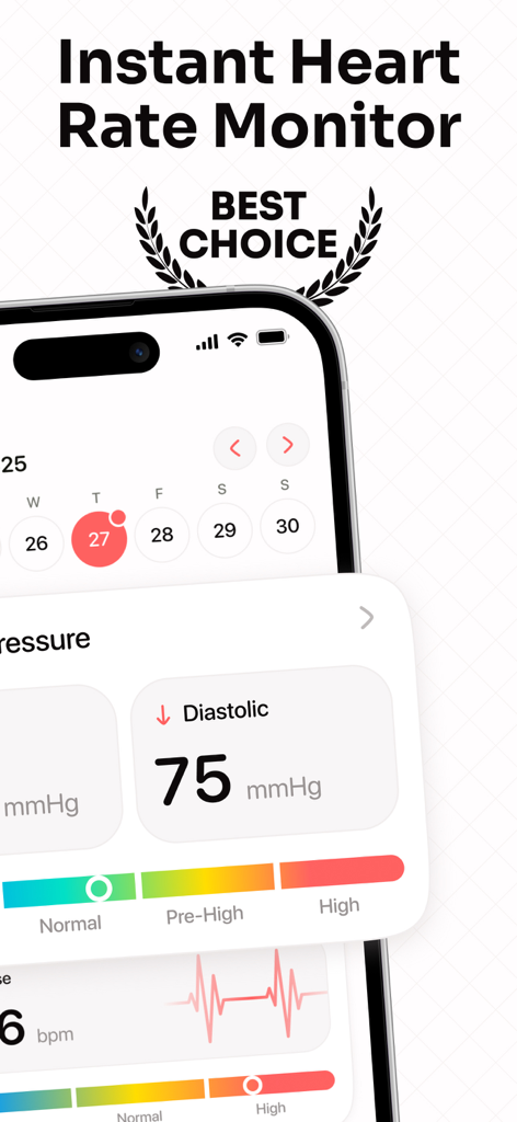 Blood Pressure. Health Tracker - Interface de l'application de suivi de la tension artérielle et du rythme cardiaque montrant les lectures diastoliques et les indicateurs de santé sur un écran d'iPhone