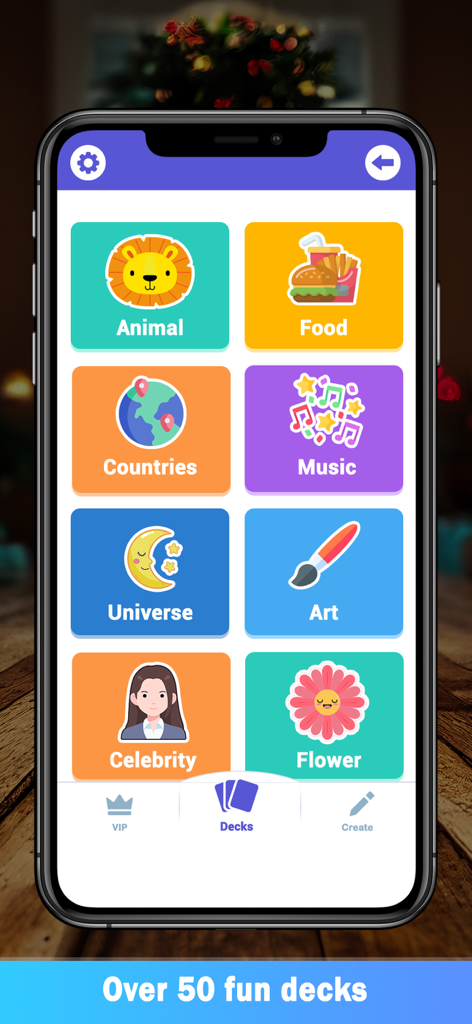 Party Charades: Guessing Game - Mobile app interface showing various charades deck categories like Animal Food and Music