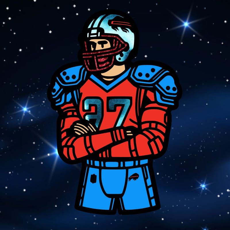 an american football player with pads on and a jersey on and the jersey says,”bills”