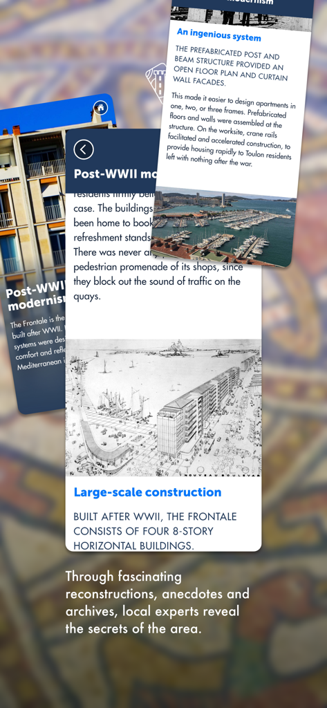 Archistoire - Screenshots of the Archistoire app showing architectural history and urban reconstructions