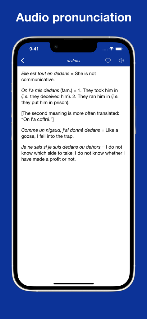 French idioms app screen with audio pronunciation and translations