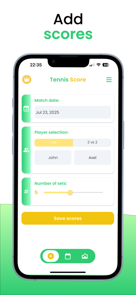 Tennis - Scorekeeper & Counter - Tennis scorekeeper app screen for adding a new match with date and player details