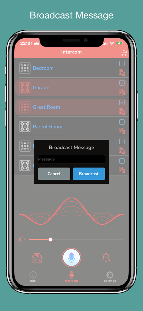 SonosTalk app interface showing a list of rooms and a popup window to broadcast a message to selected smart speakers