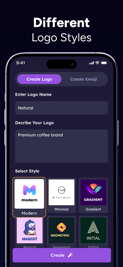 AI Emoji Generator: Logo Maker - Interface of the AI Logo Maker app showing different logo design styles and prompt options